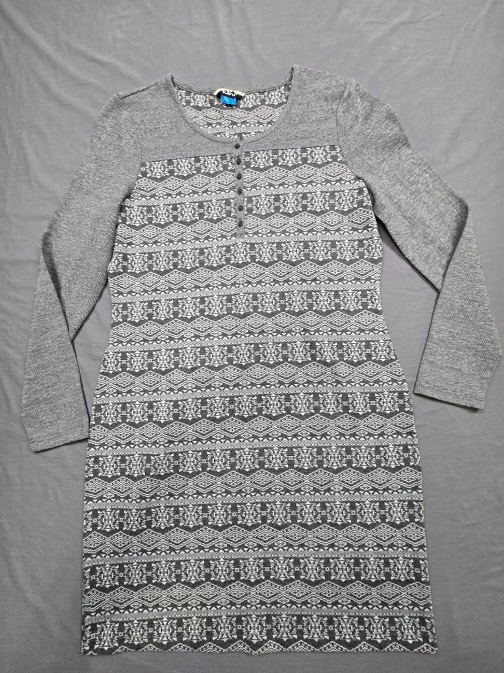 Kavu Large Sweater Dress Gray White Nordic Fair Isle Casual Long Sleeve